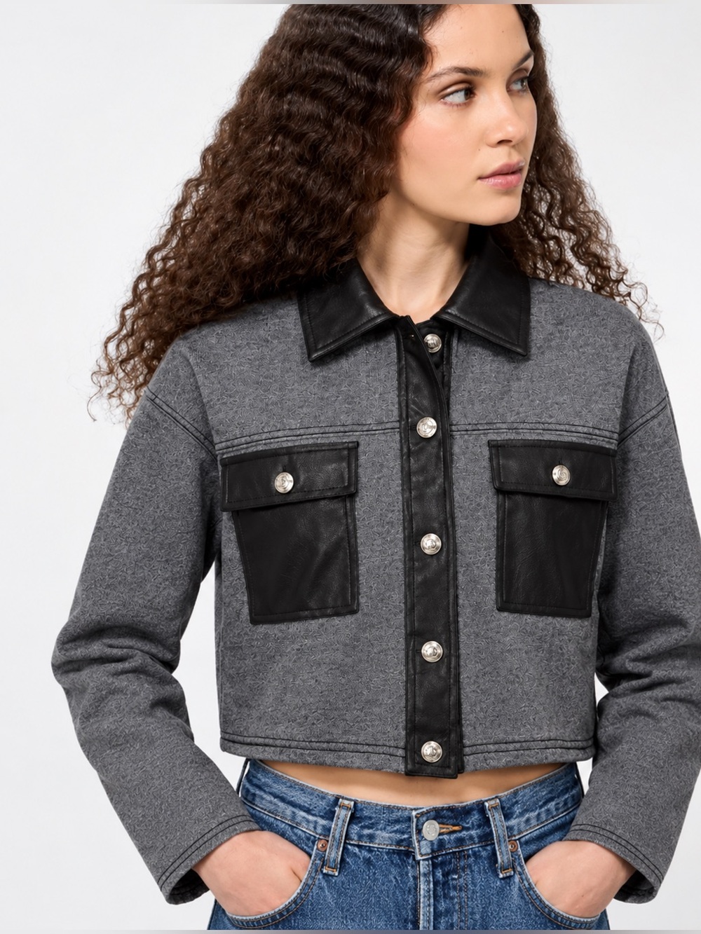Nanette Lepore Faux Leather Accented Cropped Sweater Jacket